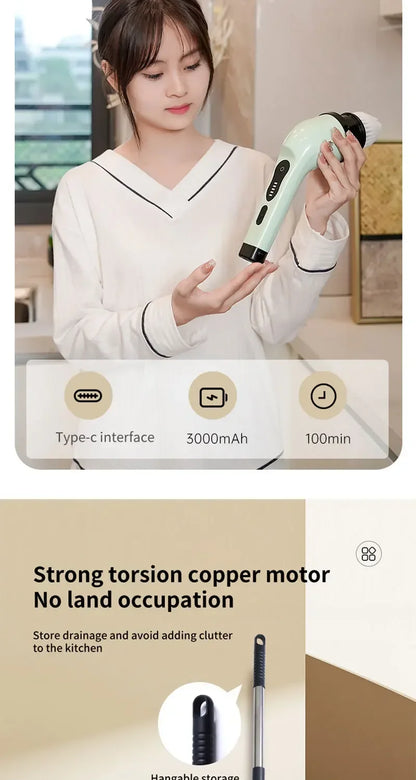 9-in-1 Electric Rotating Cleaning Brush, Wireless Shower Scrubber with Replaceable Heads and Adjustable Telescopic Handle