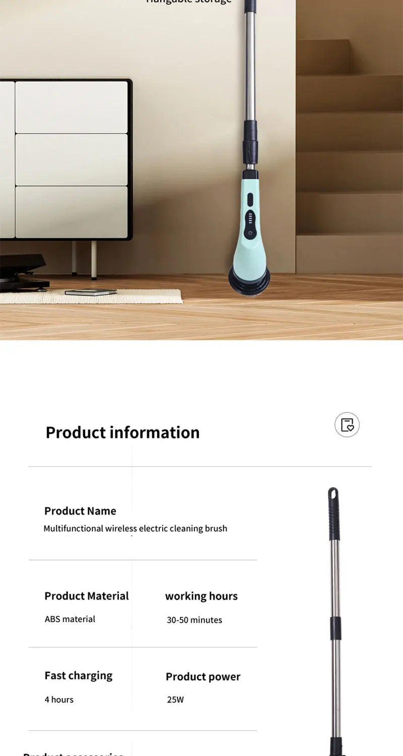 9-in-1 Electric Rotating Cleaning Brush, Wireless Shower Scrubber with Replaceable Heads and Adjustable Telescopic Handle