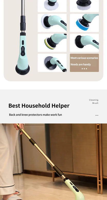 9-in-1 Electric Rotating Cleaning Brush, Wireless Shower Scrubber with Replaceable Heads and Adjustable Telescopic Handle